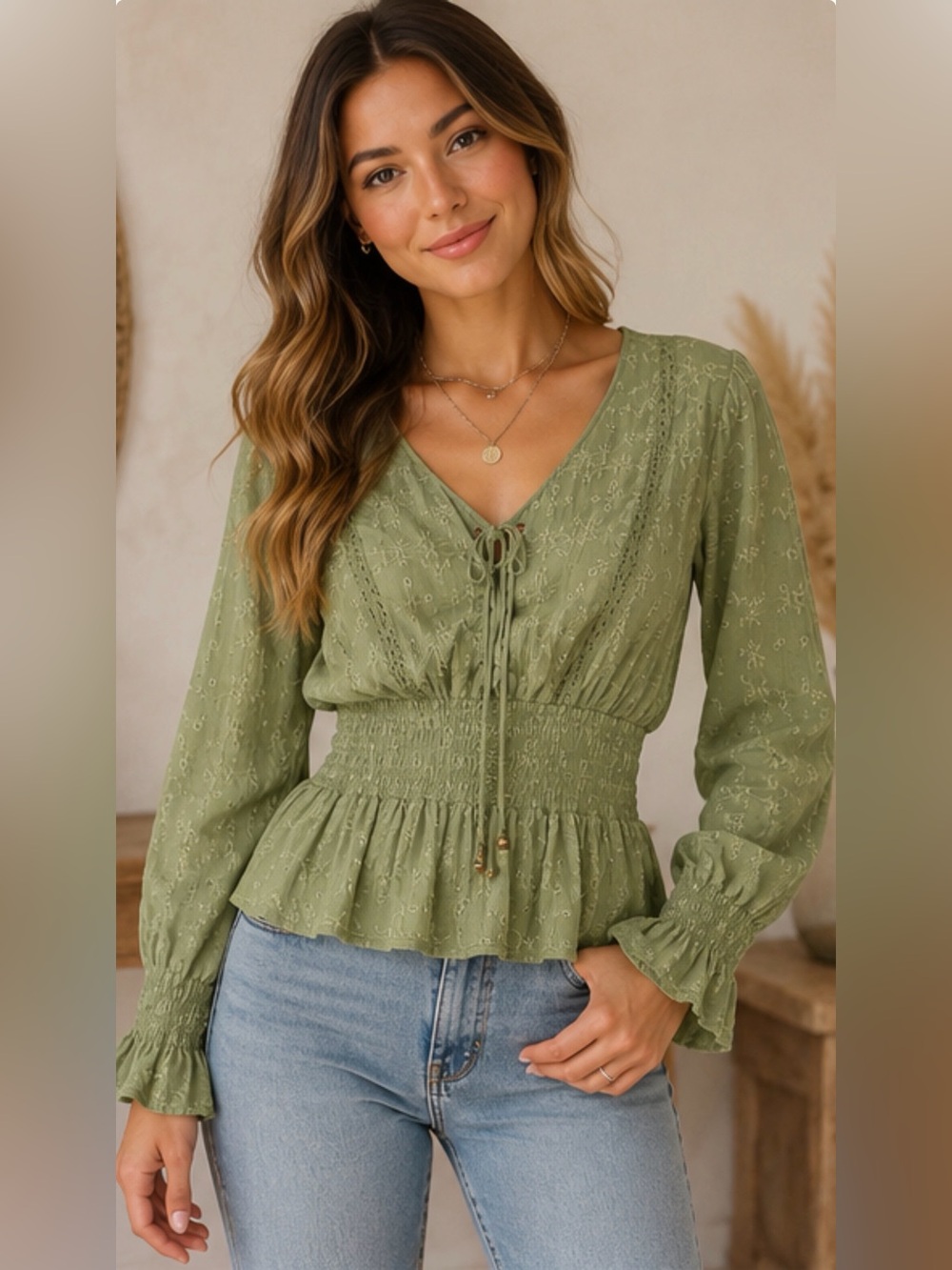 Rockin’ C Olive Green Embroidered Peplum Blouse Large Boho Tie Front Smocked